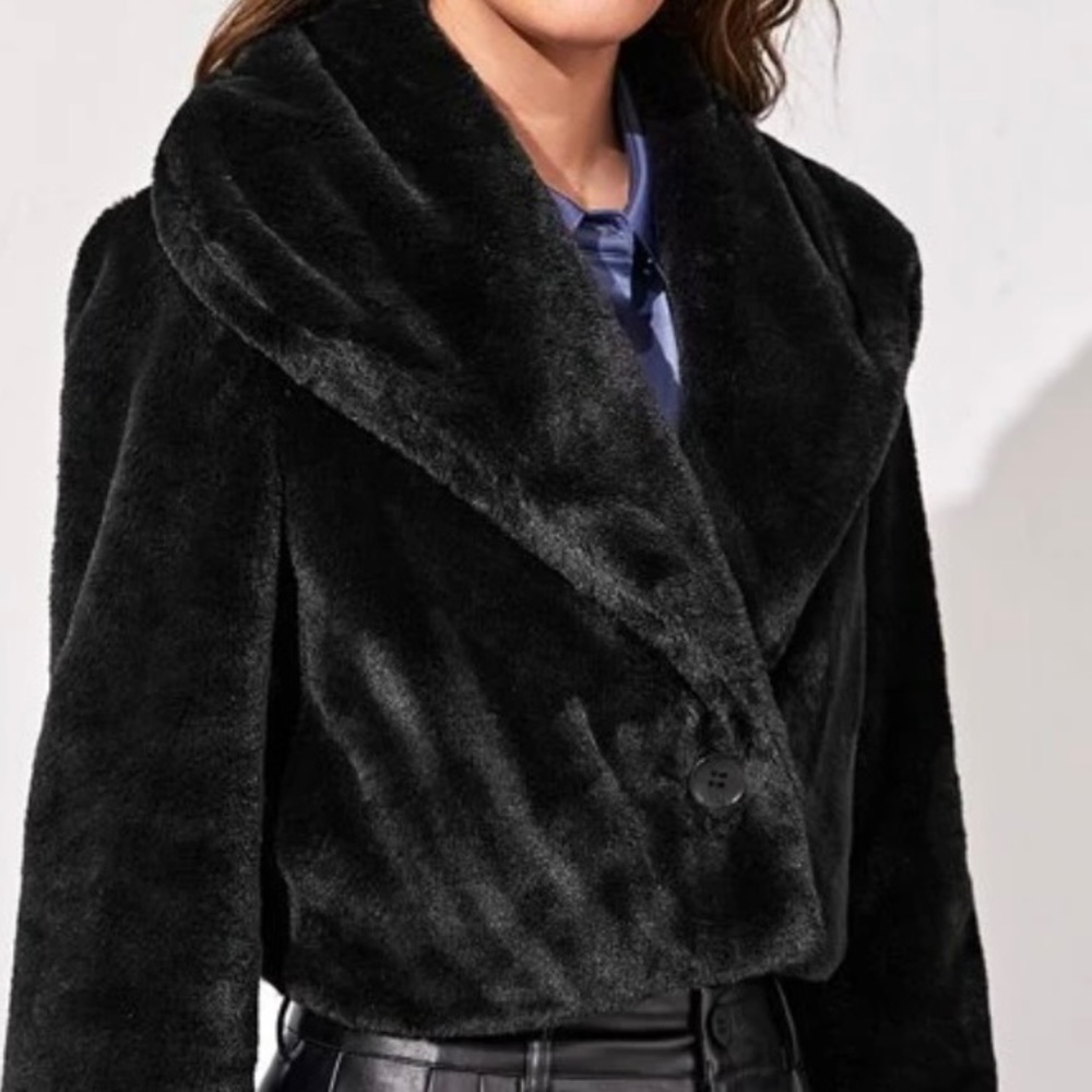 Black Cropped Faux Vegan Fur Waterfall Collar Teddy Coat Bolero Shrug Jacket
